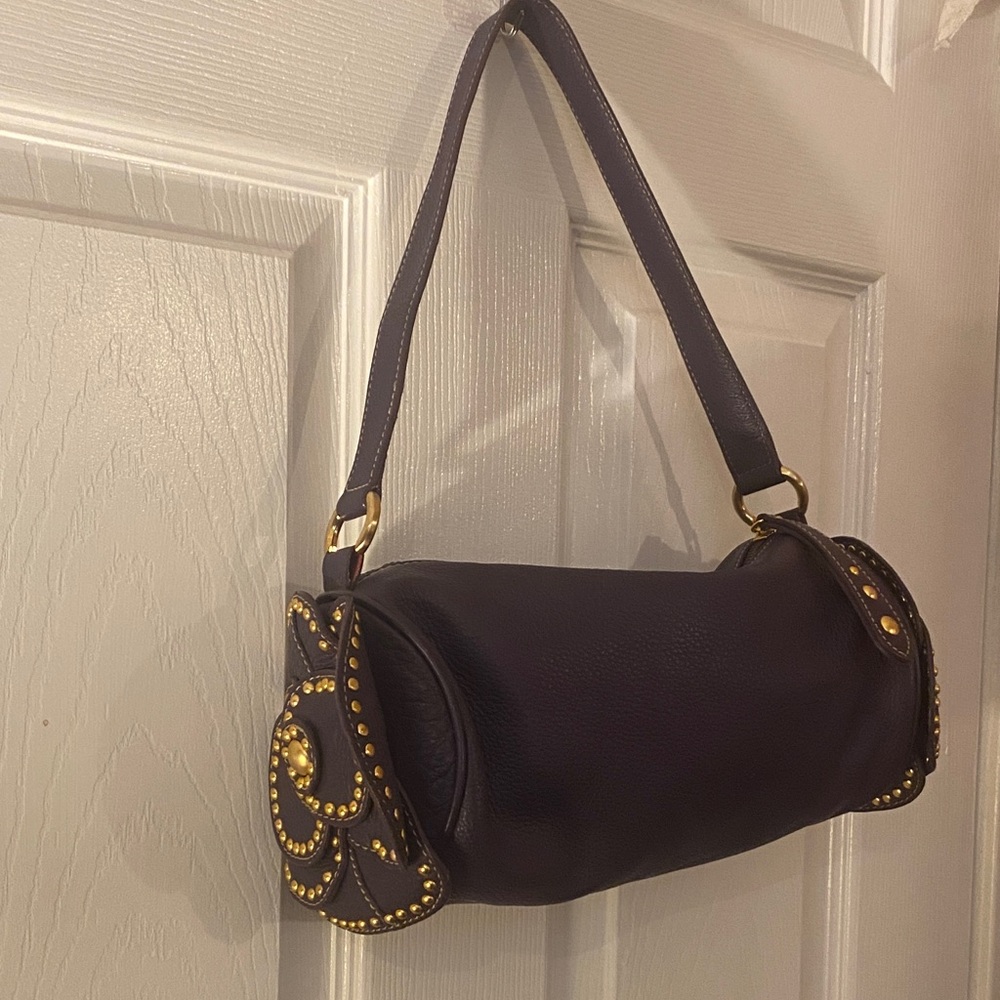 Leather Shoulder Bag with Gold Stud Flower Accent - Navy - Picture 4 of 5